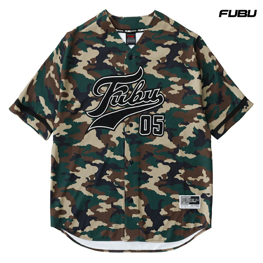 【送料無料】FUBU PATCH BASEBALL SHIRTS【CAMOUFLAGE】(M・L・XL・2XL)(フブ 通販 メンズ 大きいサイズ ゲームシャツ ベースボールシャツ ジャージ カモフラージュ 半袖 ショートスリーブ ビックシルエット オーバーサイズ B系)