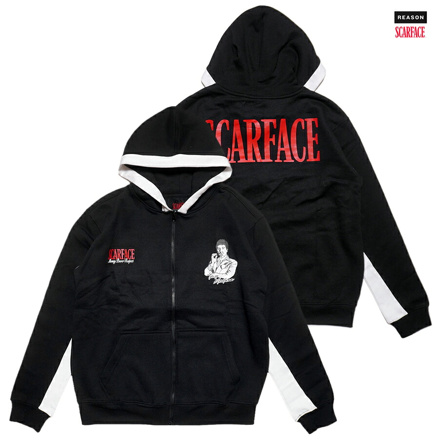 【送料無料】REASON CLOTHING × SCARFACE ZIP UP HOODIE【BLACK】 (S・M・L・XL)(リーズン 通販 メンズ 大きいサイズ パーカー スウェット フード フーディー ジップフード ジップパーカー スカーフェイス コラボ)