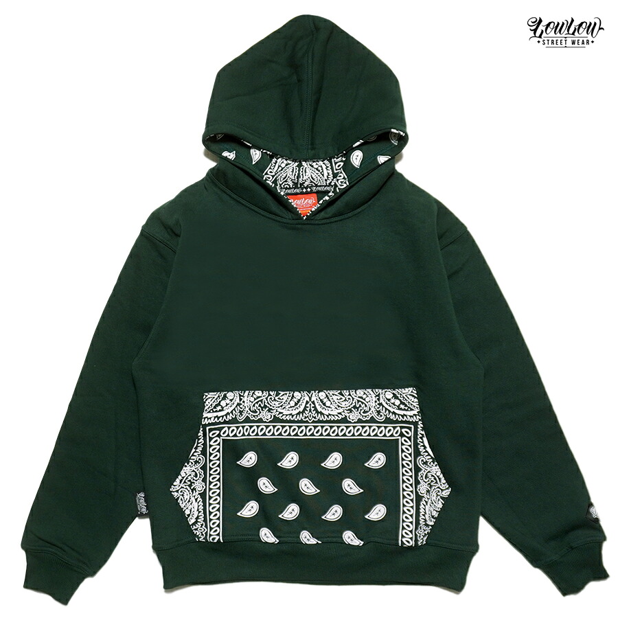 【送料無料】LOWLOW STREETWEAR BANDANA HOODIE【DARK GREEN】 (M・L・XL・2XL・3XL)(通販 服 メンズ 大きいサイズ パーカー フーディー フード スウェット バンダナ ペイズリー PAISLEY LOWRIDER ローライダー ロサンゼルス ロゴ)