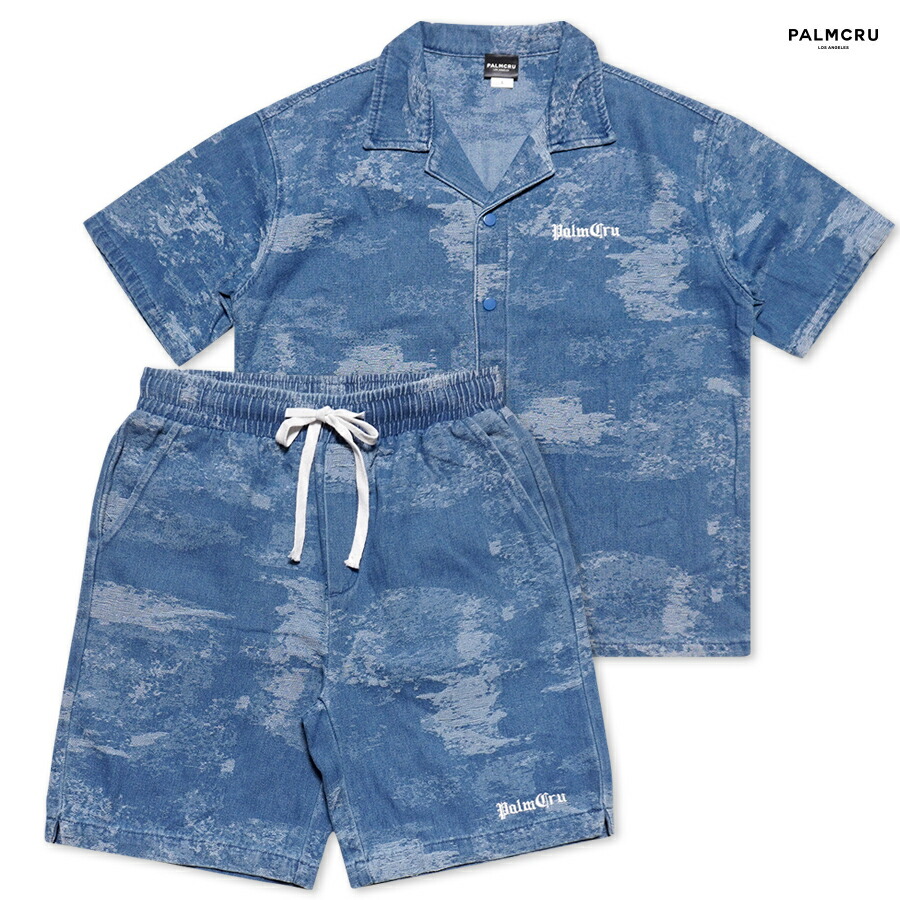【送料無料】PALM CRU DENIM SHIRT AND SHORT SET UP【BLUE】(M・L・XL)(服 通販 メンズ 大きいサイズ セットアップ 上下セット デニム ボタン シャツ ショーツ ハーフパンツ ショートパンツ)|Indoor Class Online Store