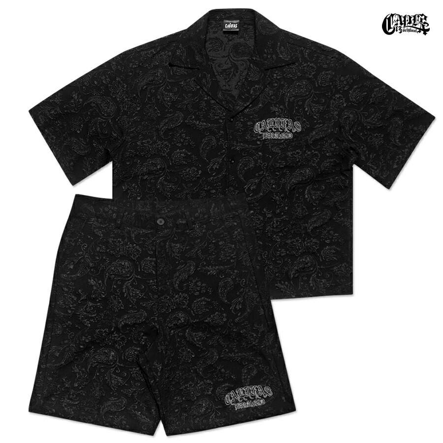 【送料無料】CALIFAS PAISLEY SHIRT AND SHORT SET UP【BLACK】(L・XL)(服 通販 メンズ 大きいサイズ セットアップ 上下セット 半袖 オープンシャツ ショーツ ハーフパンツ ショートパンツ ペイズリー バンダナ 柄)｜Indoor Class Online Store