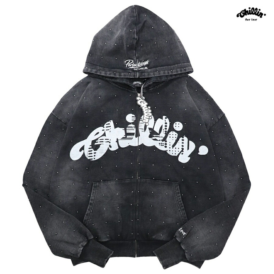 【貨物輸送無料】CHILLIN STUDS PIGMENT ZIP HOODIE【BLACK】(M・L・XL)(チリン 通信販売 服 馬鹿でかい大いさ パーカー 汗水 ジップアップ ボンネット フーディー ロング衣袂 長袖)