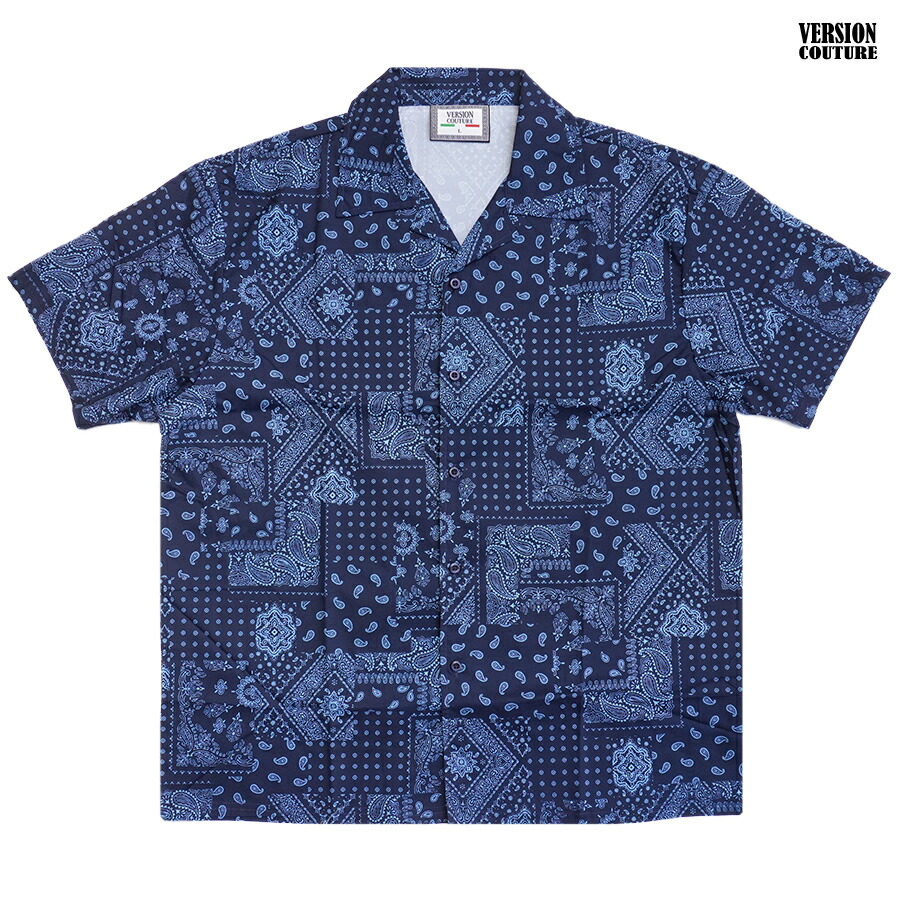 【送料無料】VERSION COUTURE PAISLEY S/S OPEN SHIRTS【NAVY】(M・L・XL・2XL)(通販 メンズ 大きいサイズ 服 シャツ ボタンシャツ ペイズリー バンダナ BANDANA 半袖 ショートスリーブ 柄シャツ)｜Indoor Class Online Store