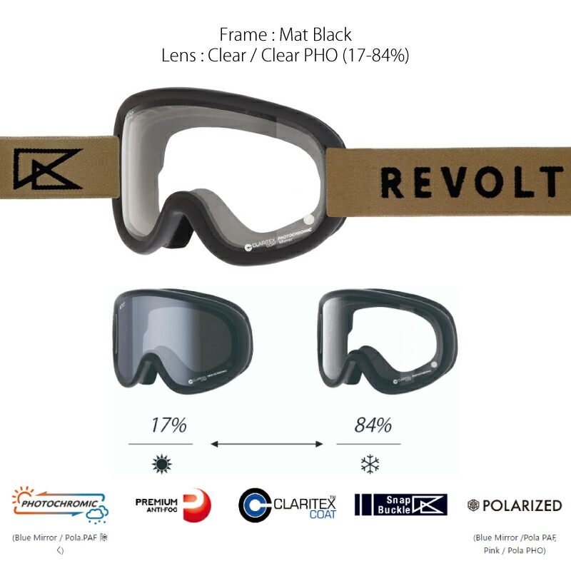 REVOLT リボルト SUPER LIGHT スキー - アンチフォグ 平面 ゴーグル Mat メンズ 調光 Black レディース FRAME  22-23 マグネットバックル PHO PL100 スノーボード スーパーライトフレーム Clear