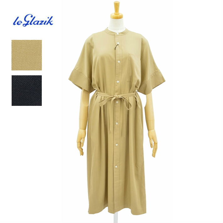 ル グラジック JL-3742RPT R/Peツイル バンドカラー 4分袖 ワンピース レディース ベージュ ダークネイビー Le glazik｜ＩＮＦＩＮＩＴＹ Co.，Ltd.