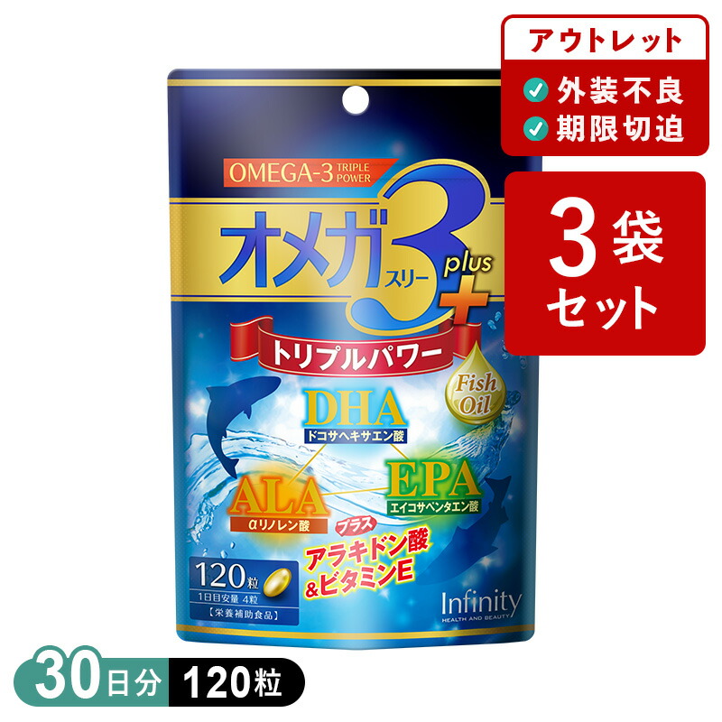 【訳あり50%OFF】3個セット オメガ3プラス サプリメント（30日分/120粒） DHA・EPA・精製魚油・亜麻仁油配合｜必須脂肪酸 α-リノレン酸＆ビタミンE アウトレット画像