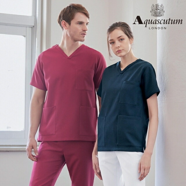 [アクアスキュータム]Vネックストレッチスクラブ(ユニセックス) スクラブ 白衣 医療 ナース ナース服 ナースウェア 可愛い レディース メンズ エステ ユニフォーム 看護師 歯科医 クリニック アンファミエ