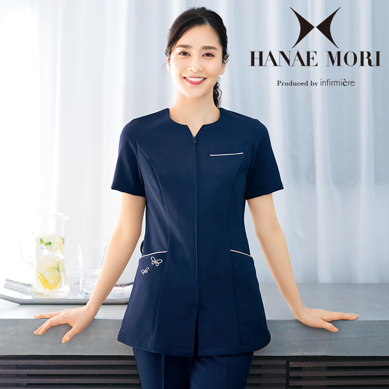 [ハナエモリ]フロントセンター開きパイピングジャケット ナース服 ナースウェア 医療用 白衣 かわいい レディース 女性 半袖 看護師 介護士 クリニック 歯科医 エステ ユニフォーム アンファミエ
