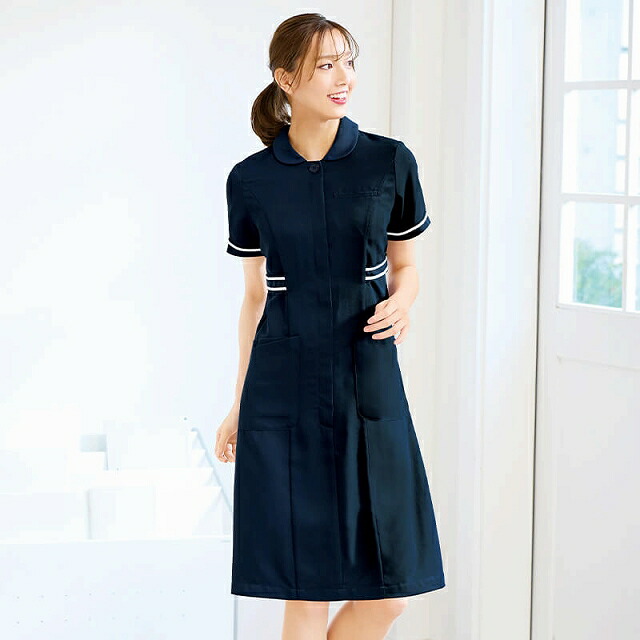 シルキードライギャバ テープ配色衿付ワンピース ナース服 ナースウェア レディース 女性 白衣 ワンピース 医療用 クリニック 歯科医 介護士 ユニフォーム アンファミエ