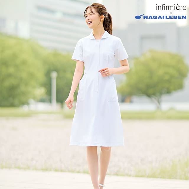 [ナガイレーベン]衿元オープンワンピース ナース服 ナースウェア レディース 女性 白衣 ワンピース 医療用 クリニック 歯科医 介護士 ユニフォーム アンファミエ
