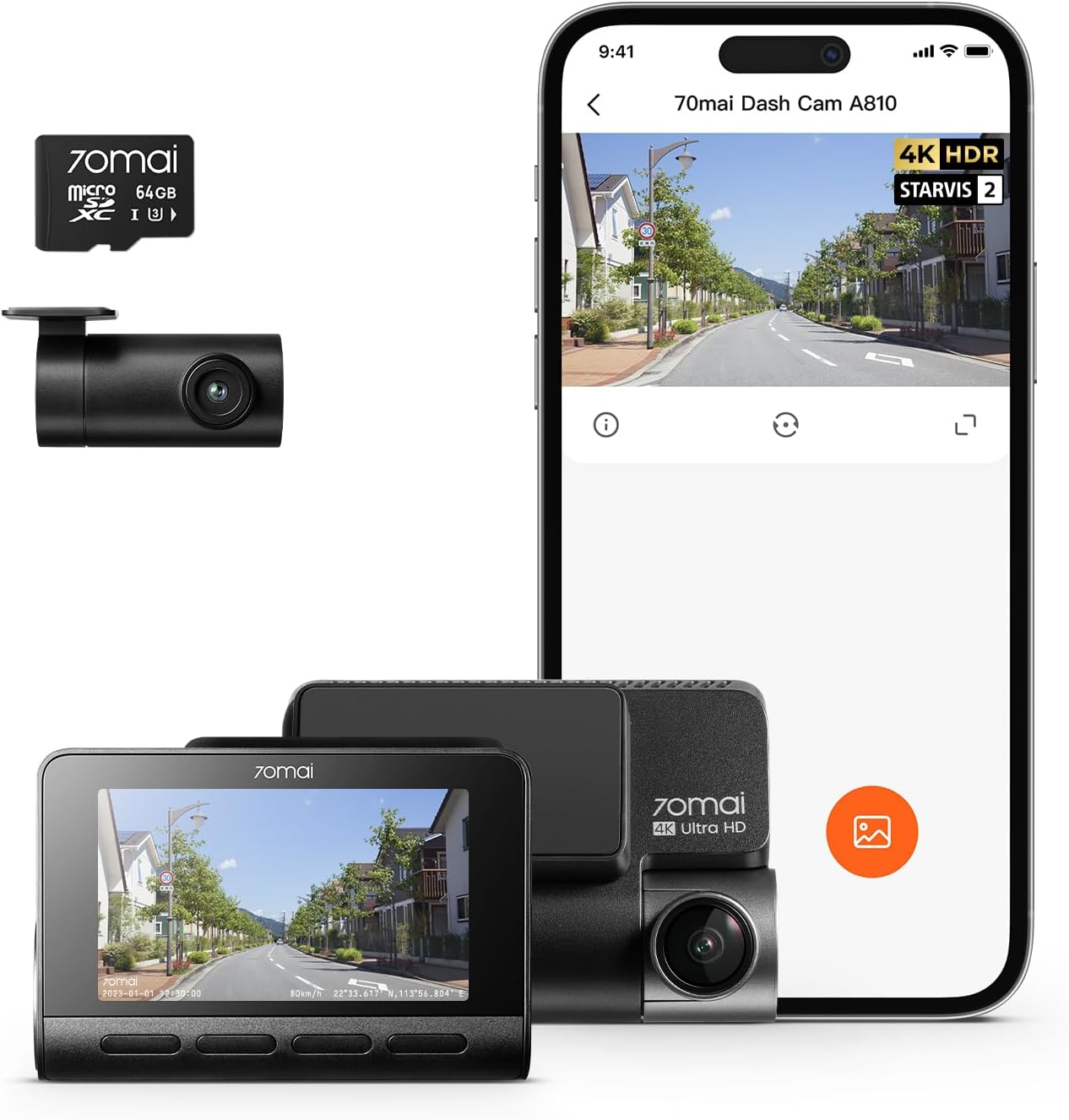 4K画素超強暗視 前後2カメラ 70mai Dash Cam 4k A800SE Amazon.co.jp: 【800万画素超強暗視+128GB SDカード付属】 70mai Dash