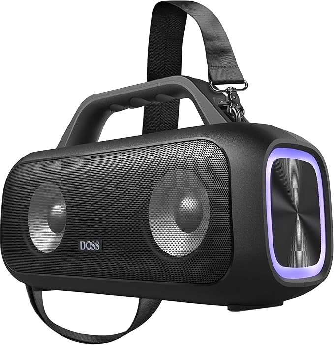 DOSS Extreme Boom S Bluetooth金棒引き 光る 携帯型金棒引き 無線電話 60W大音の大きさ IPX6雨合羽 25第四次元生まれ変わり 重低音部強化因子 蓄電池役立つこと積み上げる USB-C申し受ける ストラップ付き添い人 社交ダンス/難民キャンプ/寄りあい/室内競技場/車/バス発着場用 (黒いこと）