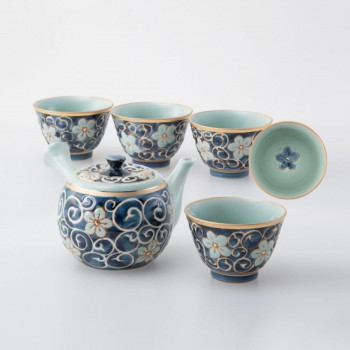 55547　唐草桔梗 急須茶器揃