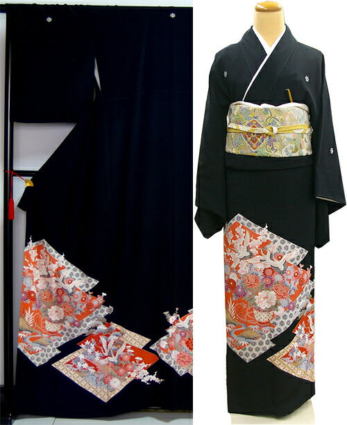 留め袖レンタル【留袖レンタル】【黒留袖レンタル】留袖/留め袖/着物レンタル/結婚式/黒留袖/正絹/貸衣装/母親/姉/妹/チャペル/豪華/人気 ★往復送料無料★　/四季花と鶴/紋 五三の桐/【レンタル】
