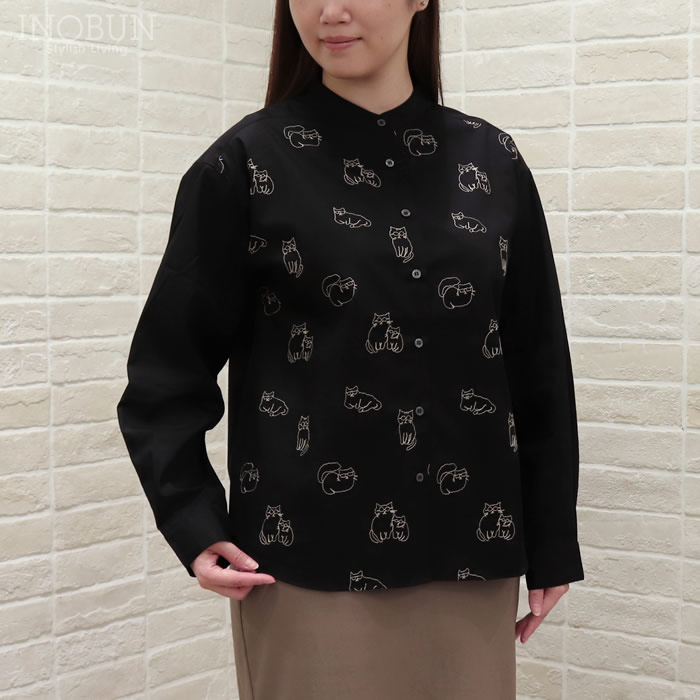 Parkes ネコ刺繍 バンドカラードロップショルダーシャツ ブラック 200本ブロード Mサイズ ブラウス パークス セール