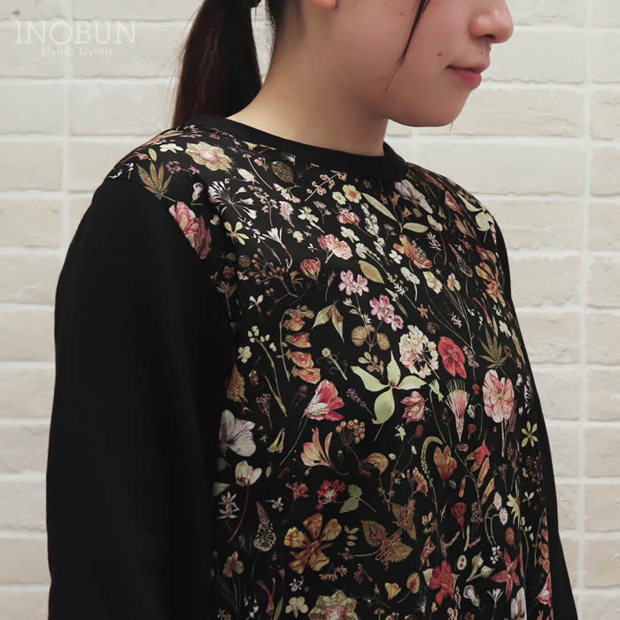 Coupole リバティプリント フロント LIBERTY ウラ起毛布帛カットソー Floral Eve ブラック系|イノブンオンラインショップ