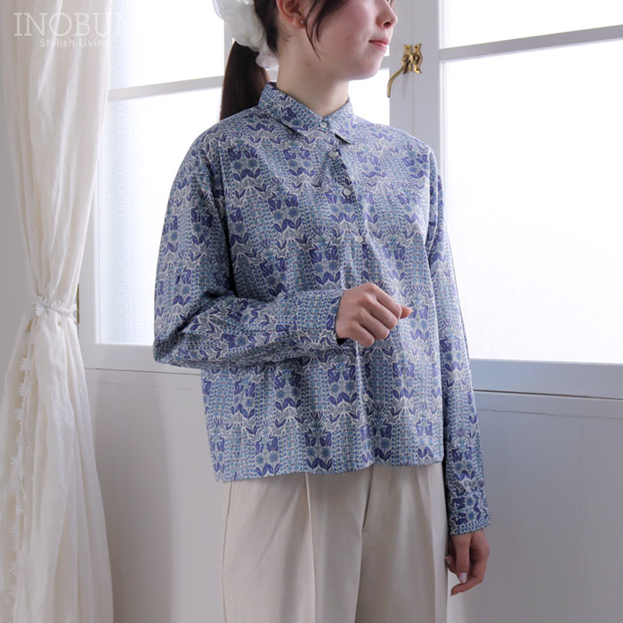 Parkes リバティ コンパクトボックスシャツ ブラウス Mサイズ 長袖 Welbec Inc.別注カラー Lindsay Garden リンジー・ガーデン ブルー LIBERTY パークス