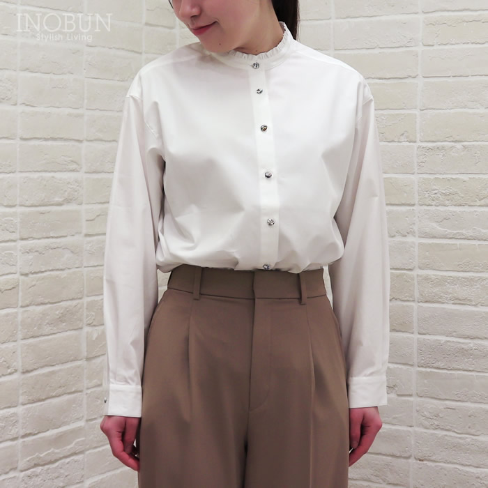 【最大限度2,000円OFFクーポン券別れ別れ中】Parkes リバティくるみ名取り草 スタンドフリルドロップショルダーシャツ トップ 長袖 M大きさ 50/-ブロード オフ LIBERTY パークス