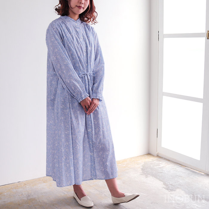 Crespi クレスピ リバティ ウエストリボン付き前開きワンピース 38サイズ Capel Pepper カペル・ペッパー サックス系 LIBERTY セール|イノブンオンラインショップ