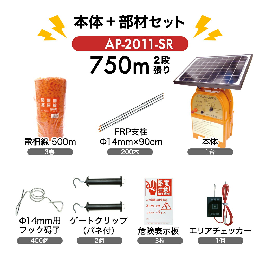 市場 電気柵 FRP 電柵セット 周囲750ｍ 5反張 支柱 アライグマ AP-5TAN75-SR-FRP ソーラー アポロ