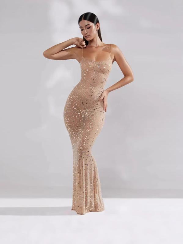 ロングドレス レディース キャミソール マーメイド ライン ホットフィックス 透け感 セクシー パーティードレス イブニングドレス ロング丈 ノースリーブ タイト シルエット 美脚効果 フォーマル エレガント｜ブリッジアップ