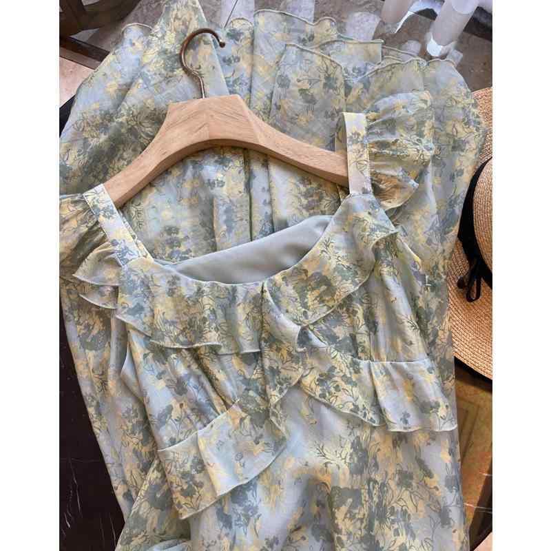 ワンピース レディース グリーン 再生繊維 フレンチスリーブ 荷葉フリル 印花 吊りスカート かわいい フェミニン きれいめ デート お呼ばれ オールシーズン|ブリッジアップ