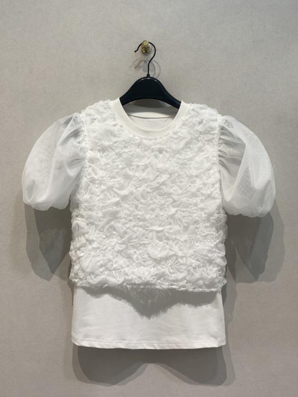 トップス レディース 春夏 カットソー チュール 2点セット 重ね着風 レイヤード おしゃれ シンプル レトロ きれいめ フェミニン｜ブリッジアップ
