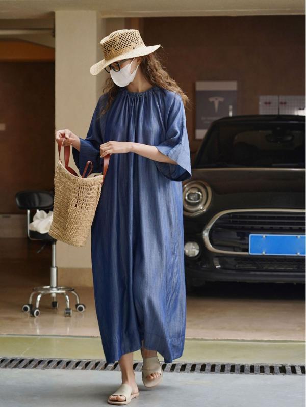 ワンピース レディース 春夏 再生繊維 フランス風 ヴィンテージ風 ゆるシルエット マキシ丈 フレア ロング丈 おしゃれ きれいめ 大人可愛い デニムブルー｜ブリッジアップ