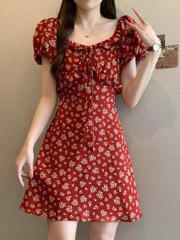 ワンピース レディース 大きいサイズ レトロ 花柄 フレンチスタイル カシュクール ウエストシェイプ 体型カバー 膝丈 半袖 Aライン 春夏 赤|ブリッジアップ