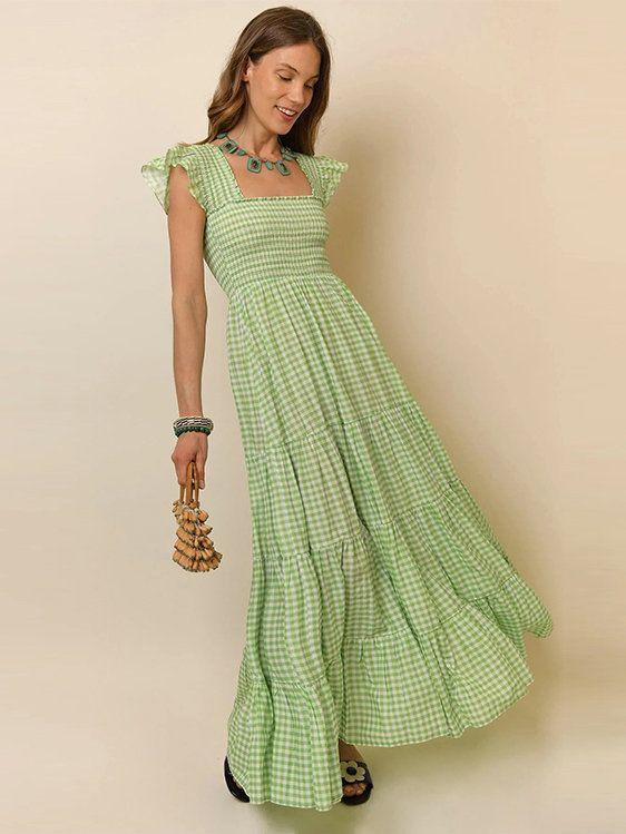 ワンピース レディース ロング丈 Aライン フレンチガーリー 半袖 チェック柄 綿混紡 レトロ スクエアネック パフスリーブ カジュアル お出かけ デート｜ブリッジアップ