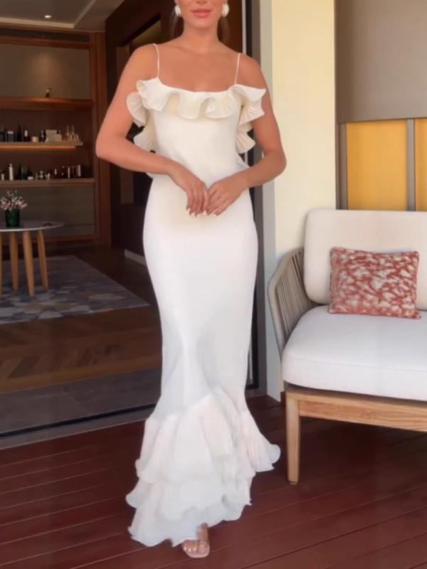 ワンピース レディース キャミソール ノースリーブ ロング丈 タイトドレス 膝丈 フレア フリル バックシャン 結婚式 パーティー お呼ばれ セクシー フェミニン きれいめ 上品 エレガント 無地｜ブリッジアップ
