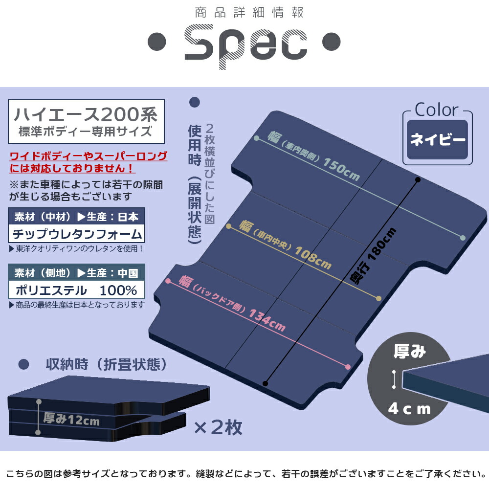 車中泊 マットレス ハイエース 0系 標準ボディー 専用 国産 ネイビー 車 車用 グッズ 車中泊ベッド 折りたたみ 三つ折り 収納 便利 マットレス 厚み ウレタン フォーム ベッドキット 日本製 Hiace Car Mattress アウトドア 防災グッズ パーツ キャンピングカー