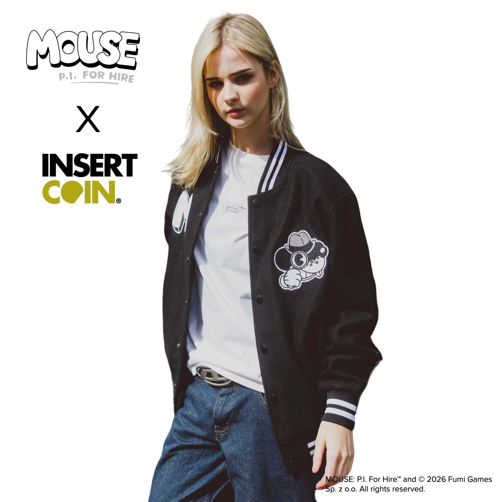 MOUSE：やとわれの私立探偵  スタジャン MOUSE: P.I. For Hire  Baseball Jacket 黒いこと 黒  男女兼用  Insert Coin 堅苦しさ 公式的