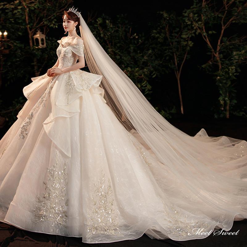 ウェディングドレス ロングドレス プリンセスラインドレス オフショルダー 二次会 結婚式 前撮り 花嫁 ウエディングドレス チュール トレーン ブライダル｜インサイトショップ