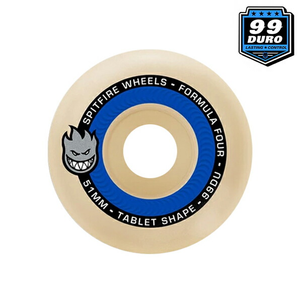 【SPITFIRE】FORMULA FOUR 99DURO TABLETS SHAPE 大きさ：51/52/53/54/55粍 スピット ファイアー 範式 四分子 ウィール 経口避妊薬 部分品 WHEEL 滑るゲーム盤 スケボー SKATEBOARD