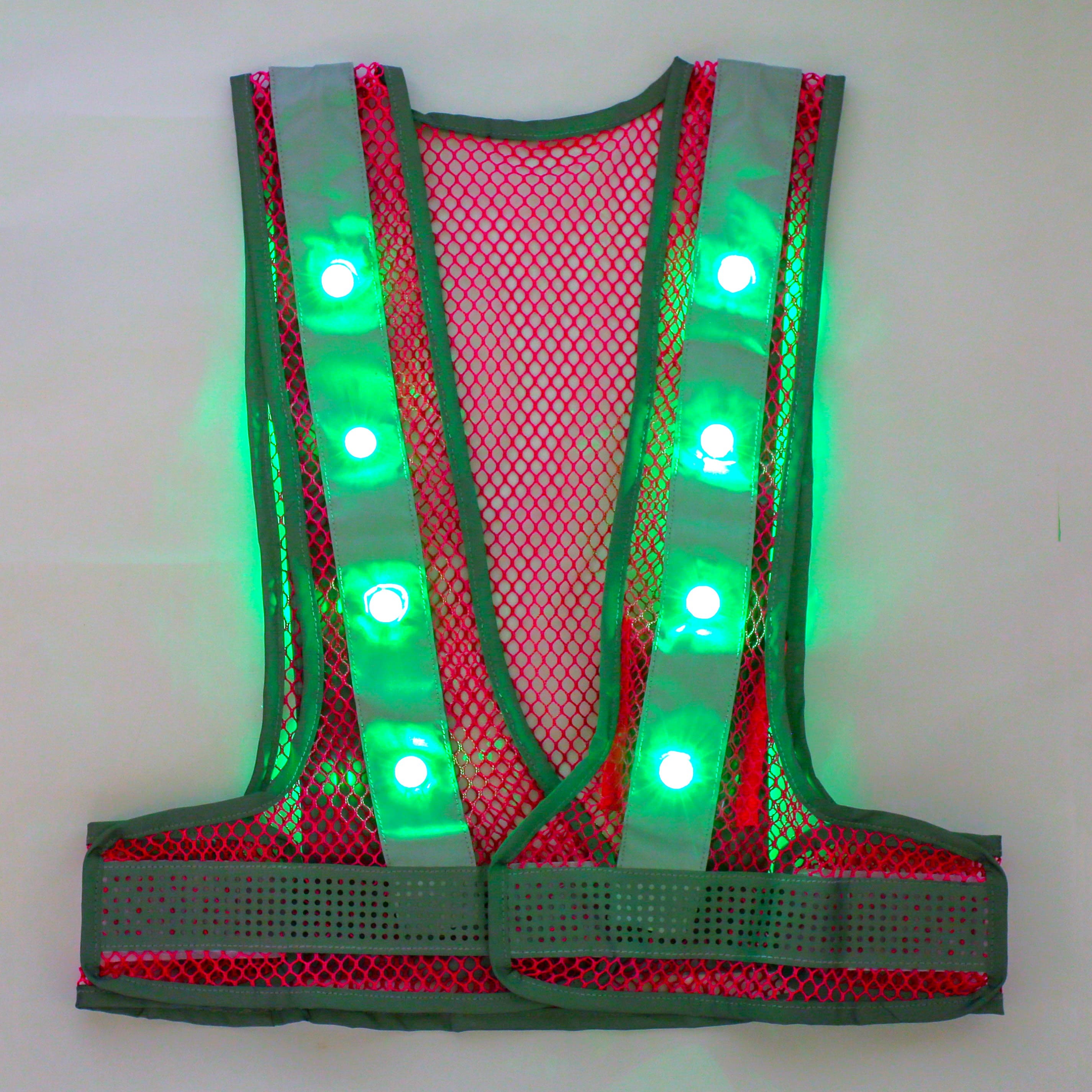 メッシュの粗いLEDベスト「LEDアラベス」緑色LED(G)・オレンジ×シルバー 5着 MBL-LED-OS-G-5 | 安全用品 電池 安全 ベスト 作業用ベスト 光る 夜間工事 夜間 保護具 安全チョッキ 作業着 作業服 工事現場 led チョッキ メッシュ セーフティベスト