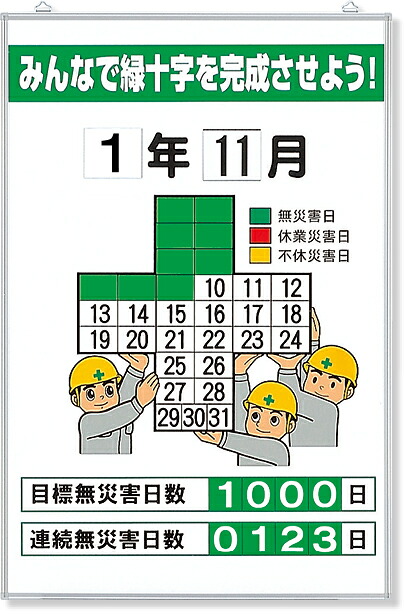 315-05A 無災害記録表 みんなで緑十字を&hellip; セット | 現場 作業 工事 工事現場 建築 看板 プレート 工事中 標識 ボード 掲示板 屋外 グッズ 用品 パーツ 防災 防災グッズ 工事看板 工事用看板 現場事務所｜インターショップ
