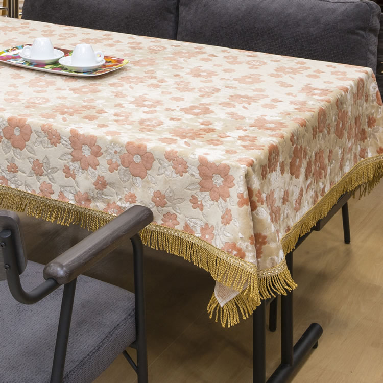 ムーラン ベージュ グリーン テーブルクロス ６尺用(１２０ｃｍ×２１０ｃｍ) ビニールカバー付 日本製 受注生産 テーブルカバー レーヨン100% フリンジ