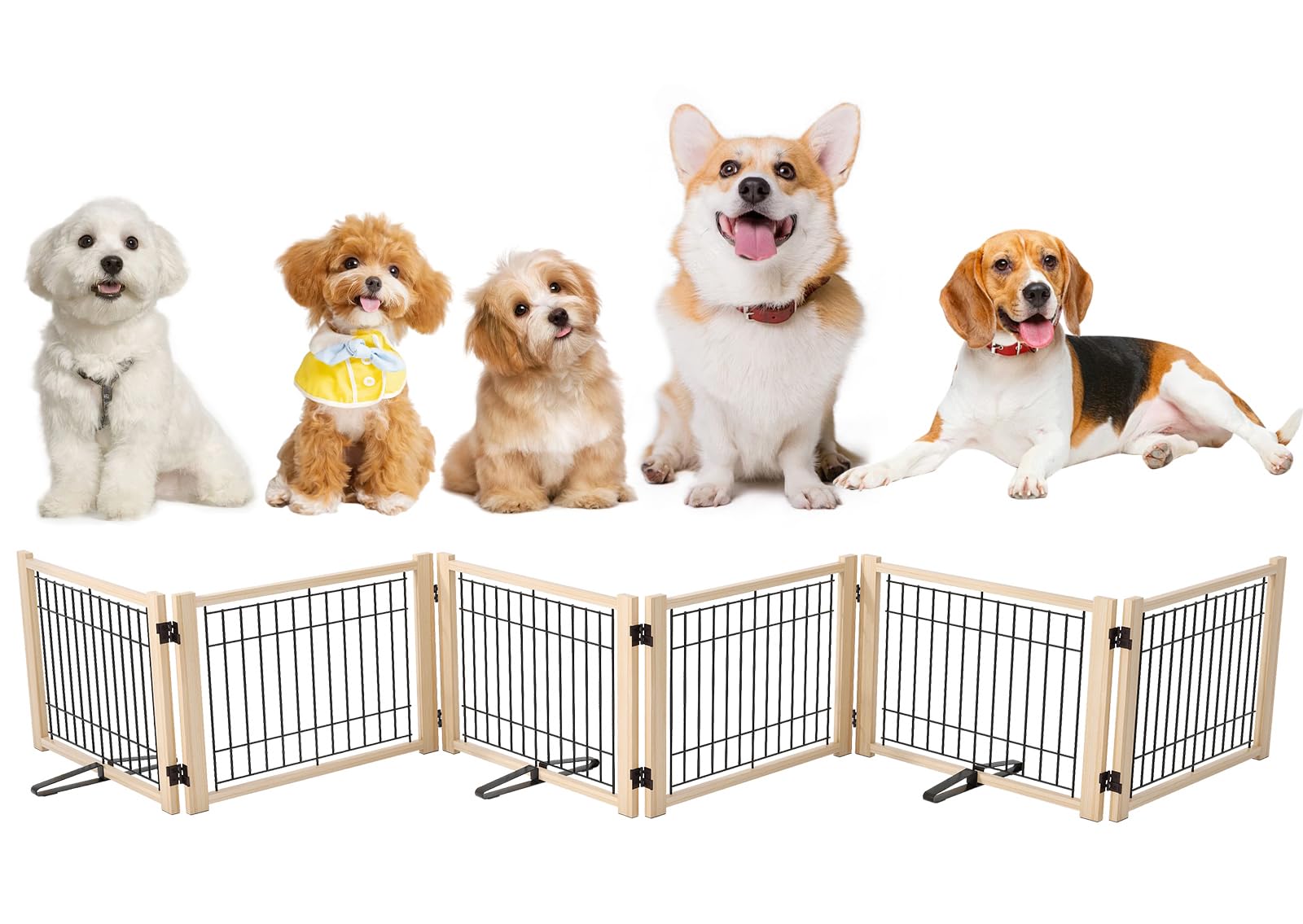 ペットゲート ペットフェンス 室内犬用 折りたたみ式 木製 犬 柵 脱走防止 飛び出し防止 高さ43cm 幅351cm 倒れない設計 簡単設置｜デンダ店