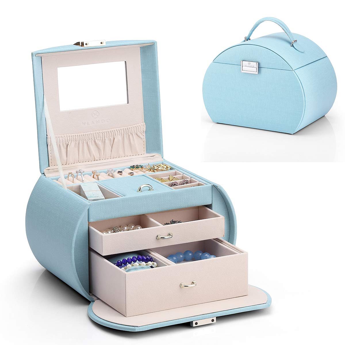 Vlando 半円形 ジュエリーボックス 宝石箱 母の日スウィートなプレゼントミラー 鏡付き ピアス ネックレス 指輪 アクセサリーケース 指