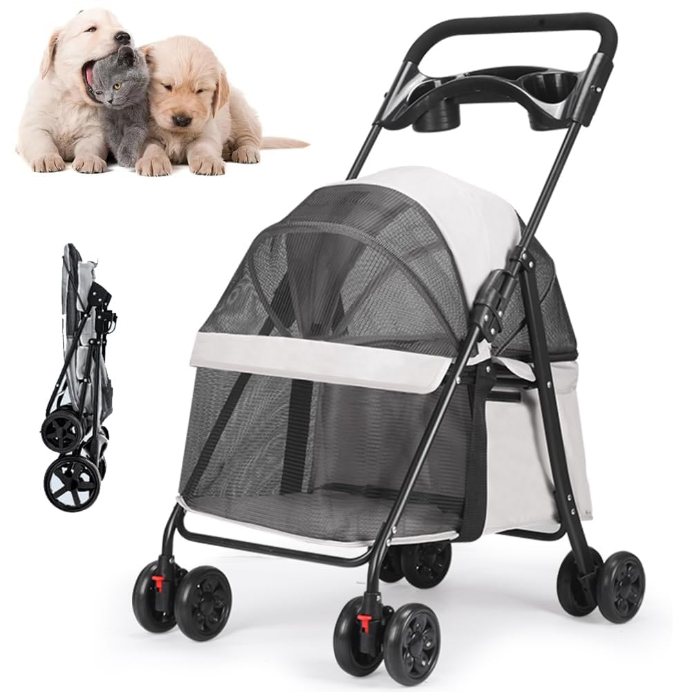 ペットカート 分離型 【 49cmx69cmx97cm/ カラーグレー】キャスター付き 4輪 前輪360°回転 犬用ベビーカー組み立て簡単 軽量 通気