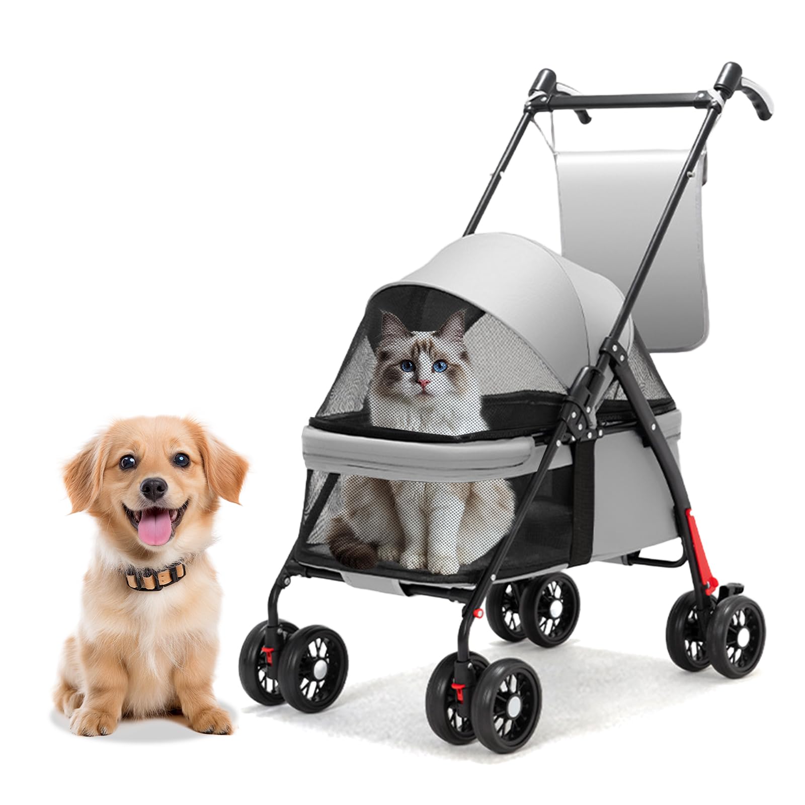 ペットカート 小型犬 中型犬 猫 キャリーカート 4輪カート 軽量 前輪360°回転 後輪ブレーキ付き 飛び出し防止 組み立て簡単