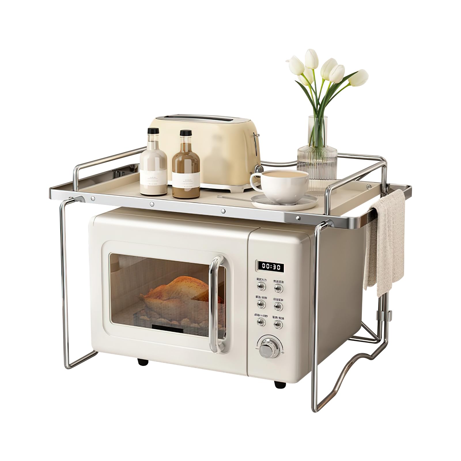 【送料無料】pupustarレンジラック トースターラック 金属製 卓上 レンジ上 約W57&times;D36&times;H38cm 内寸W48&times;H32cm レンジ用 折りたたみ可能｜デンダ店