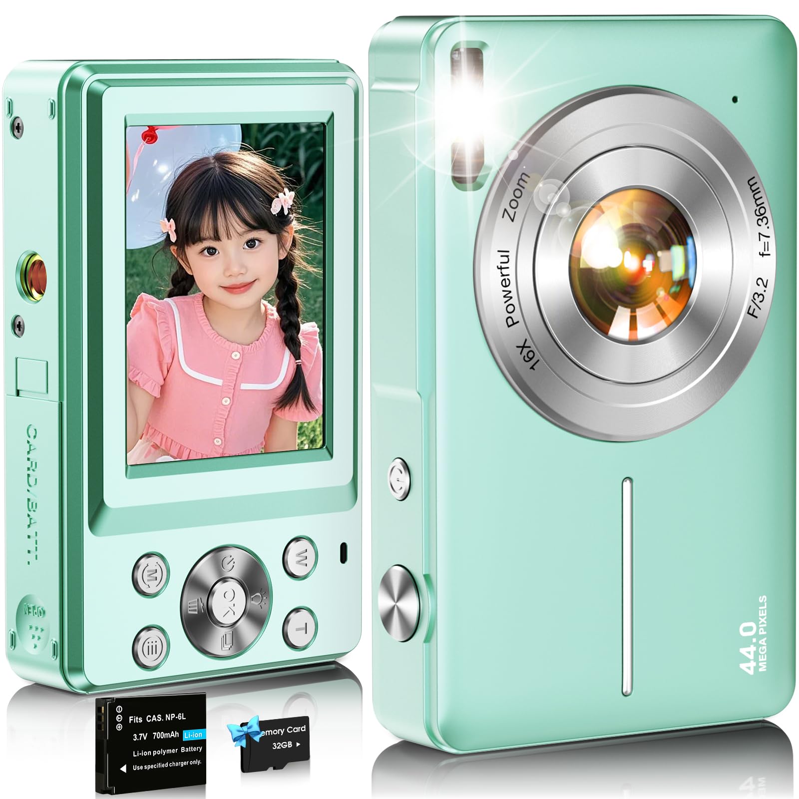 【送料無料】デジタルカメラ デジカメ Nsoela 32GBカード付き 予備電バッテリー コンデジ 16倍デジタルズーム FHD 1080P録画 44MP画素