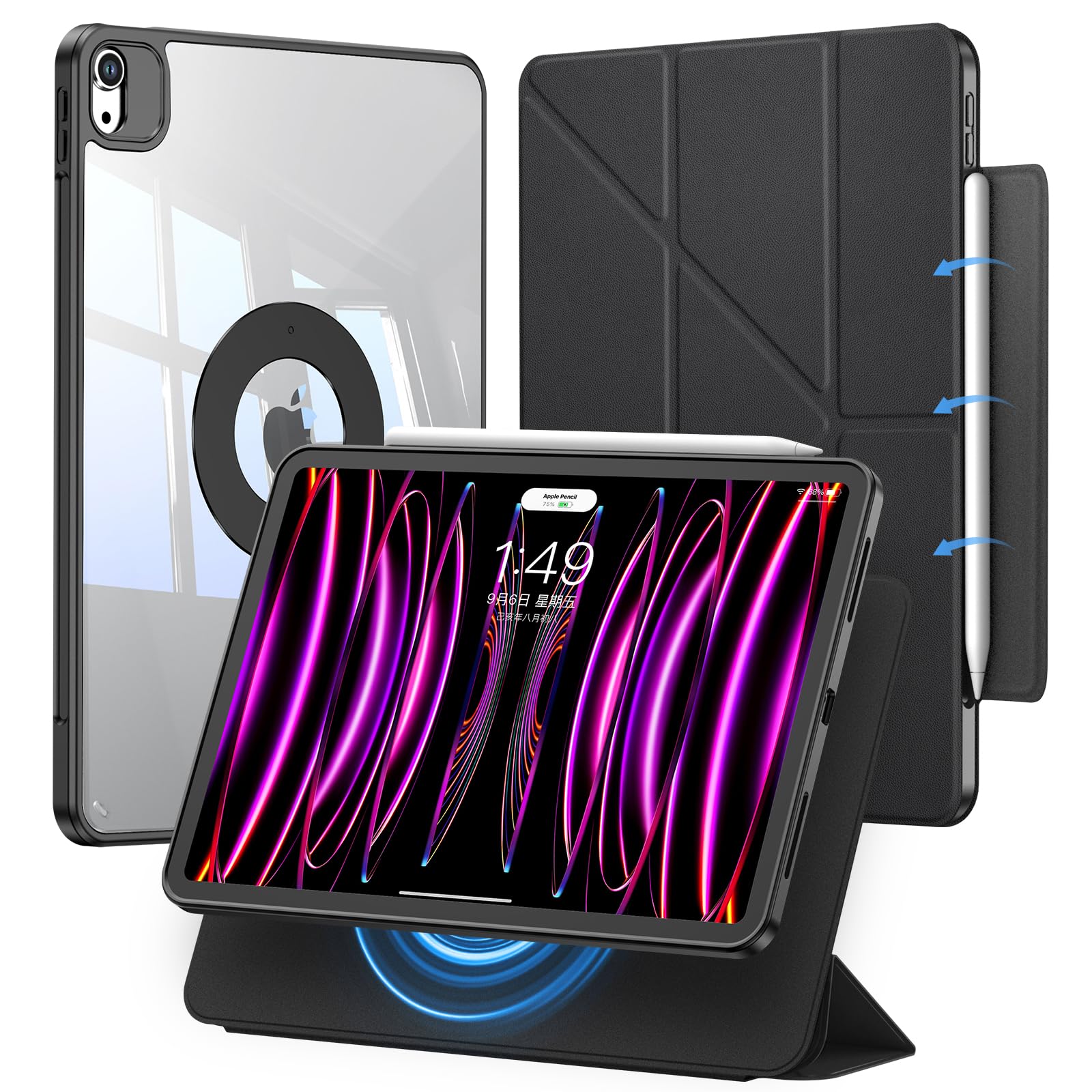 iPad Air 13インチ ケース M2/M3対応（2024/2025）iPad Pro 12.9インチ 専用カバー 第6/5/4世代（2022/2021/2020）磁気式&着脱式 折りス