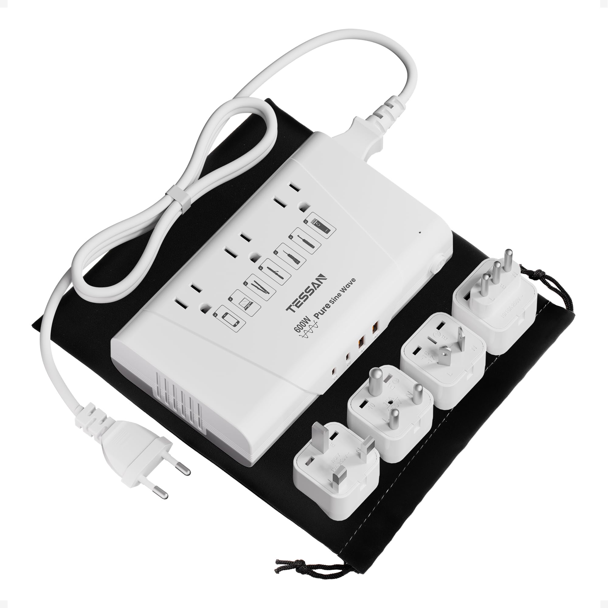 TESSAN 600W純正弦波変圧器 海外旅行用 220Vから100V 変圧器付き変換プラグ BF/O/L/B3/Cタイプ 1.2M延長コード付 PD35W QC30W急速充電