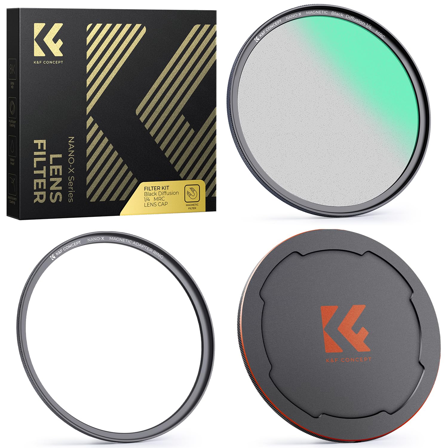 【10%OFFクーポン配布中】【送料無料】K&F CONCEPT 55mm マグネット式ブラックミスト1/4+レンズキャップセット ソフト効果1/4 コントラ