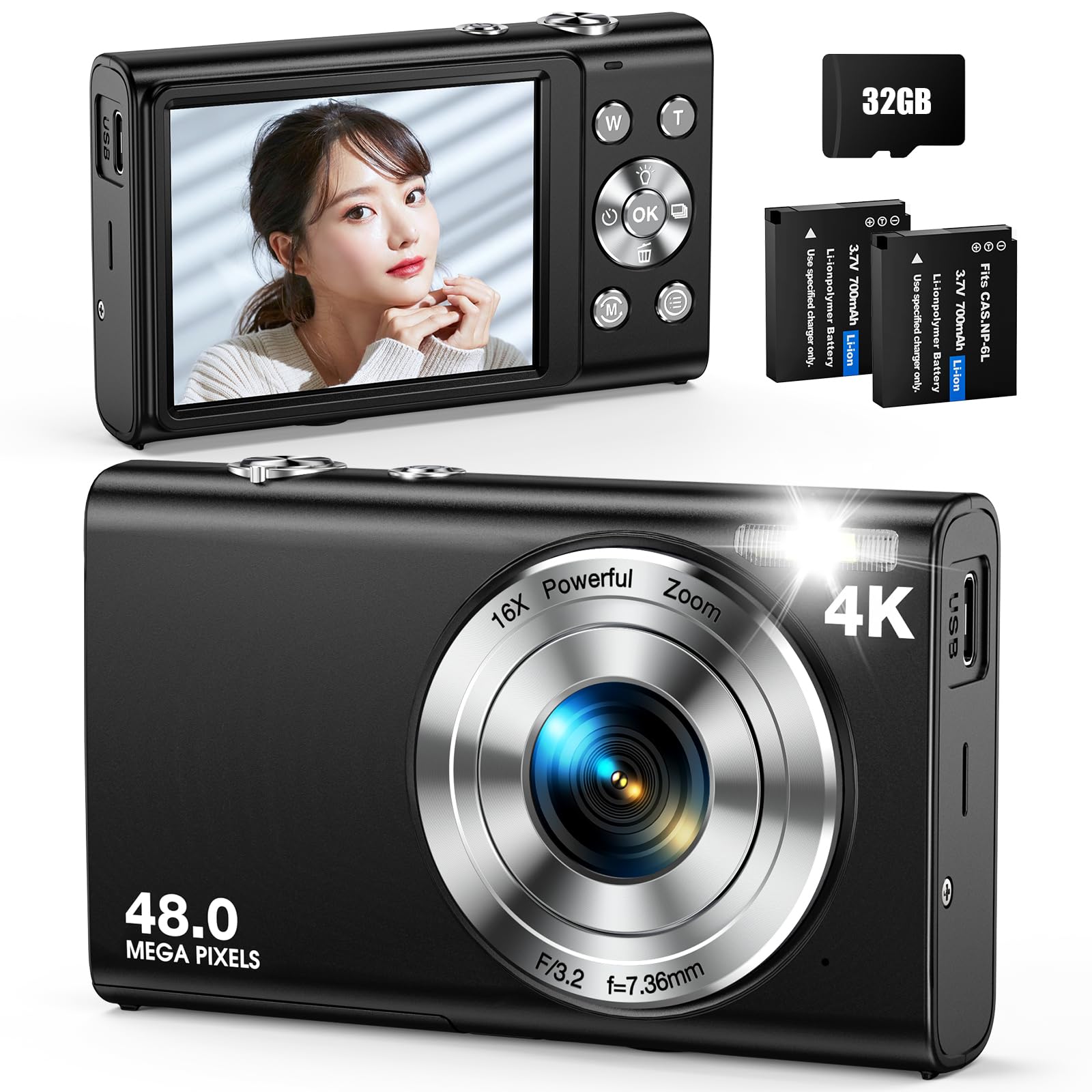 【送料無料】【10％OFFクーポン配布中】デジタルカメラ 4K デジカメ Anteam AFオートフォーカス 4800万画素 32GBカード付き コンデジ 16
