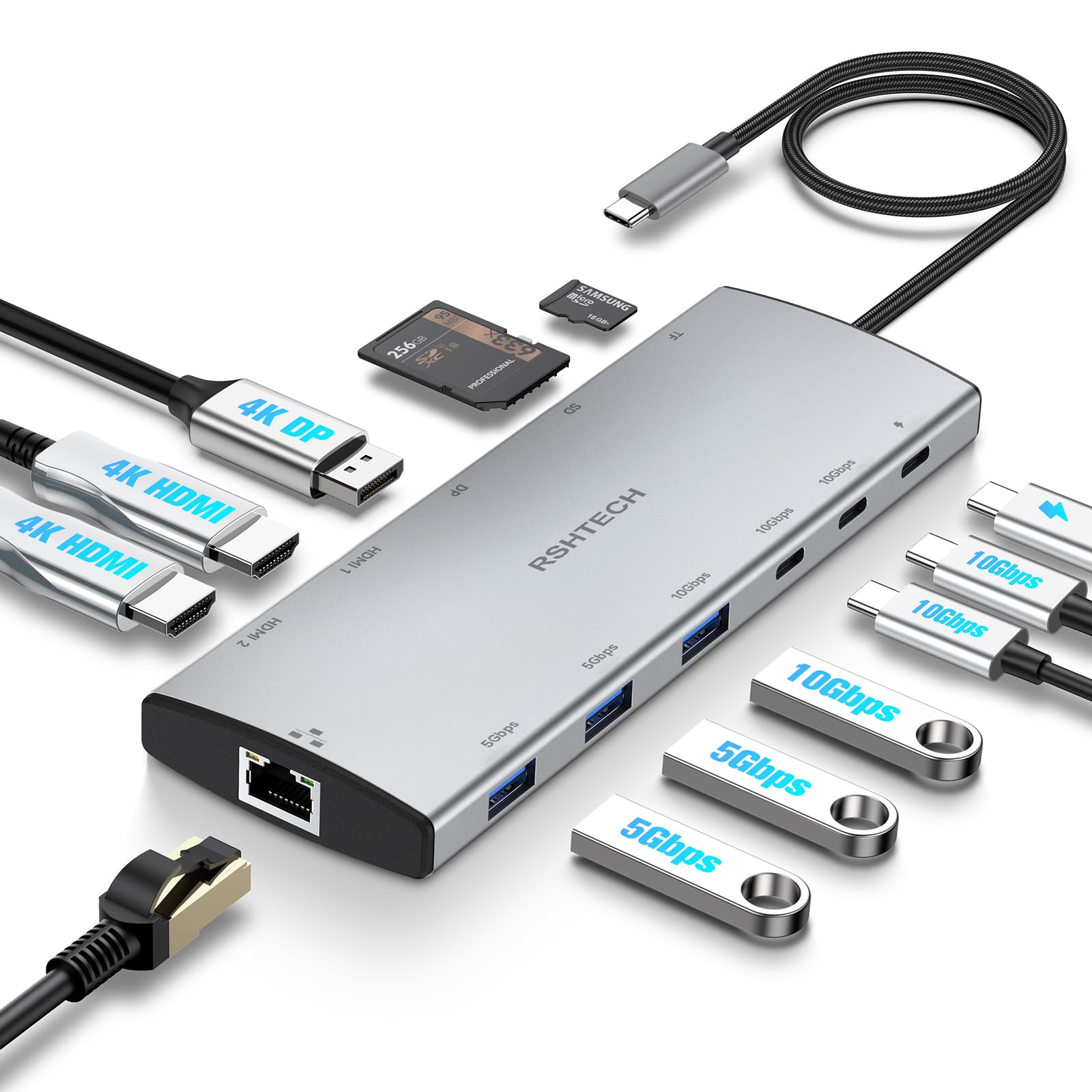 【送料無料】【10％OFFクーポン配布中】ドッキングステーション 3画面出力 (12-in-1, Triple Display) RSHTECH USB-C ハブ 2 HDMI＋DP