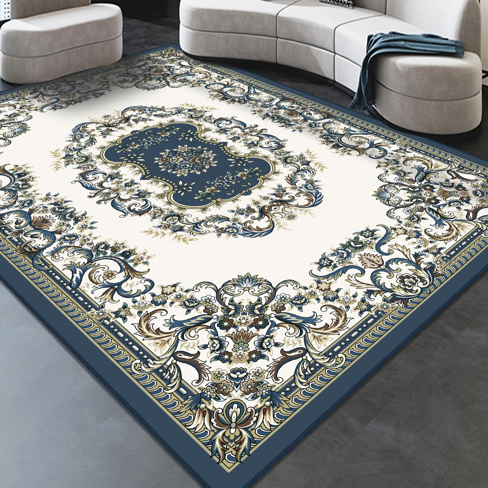 【送料無料】【10％OFFクーポン配布中】FORTSEA 洗える ラグマット 200×250cm 3畳 ダークブルー 滑り止め ヨーロピアン柄 短毛 防音 リ